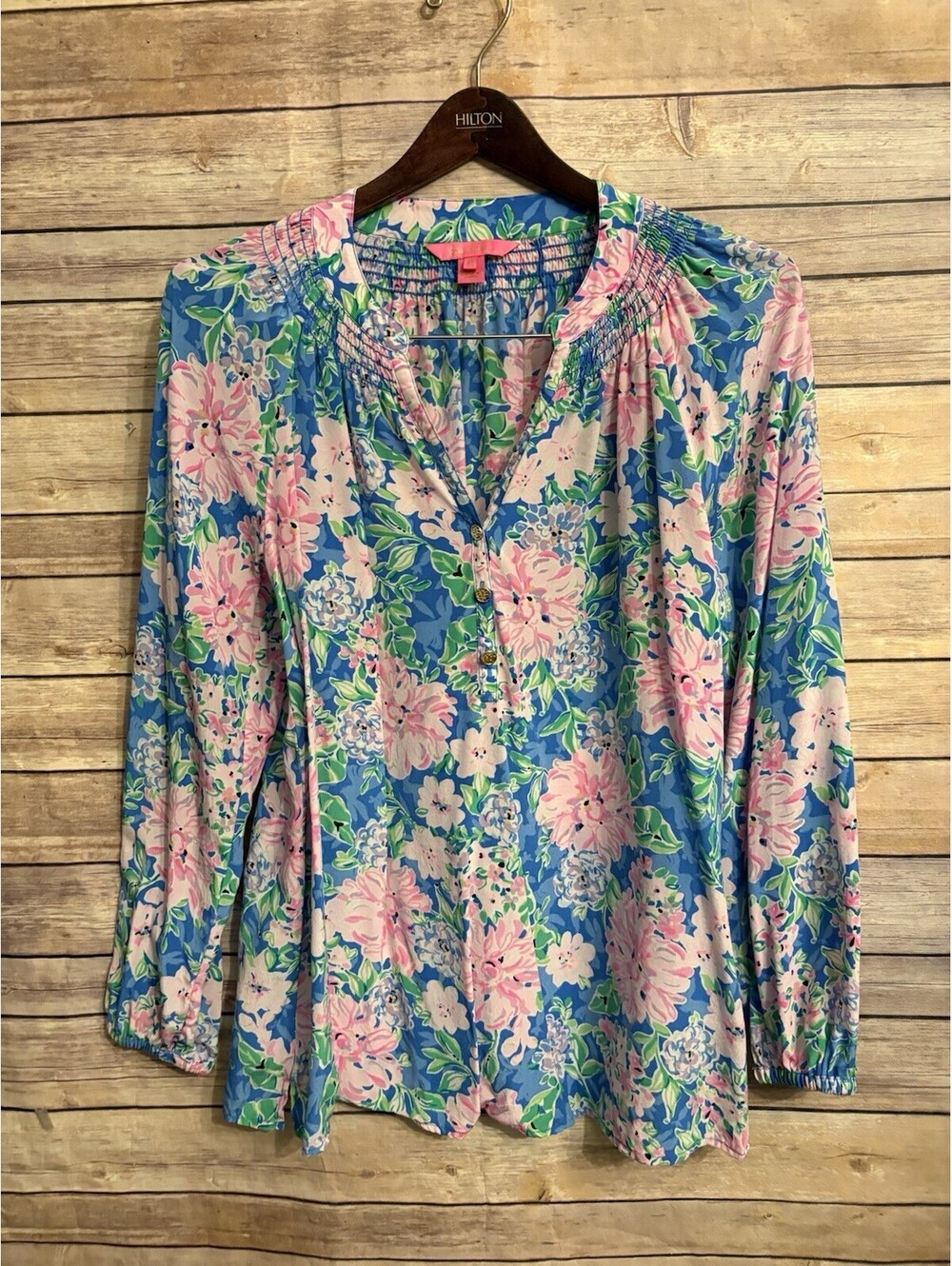 Lilly Pulitzer Floral Print Spring In Your Step Elsa 100% Silk Blouse Size M